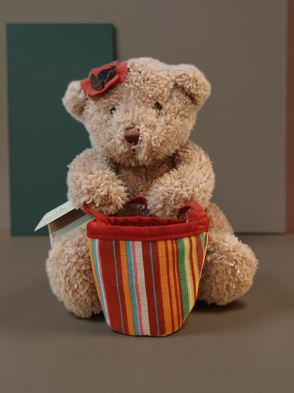 Plush Teddy Bear with Orange-Striped Bucket
